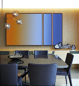 Trio de Quadros Estilizados Abstrato Degradê Laranja Azul Canvas Moldura