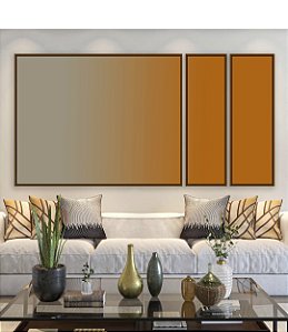 Trio de Quadros Estilizados Abstrato Degradê Cinza Laranja Tangerina Canvas Moldura