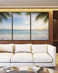 Trio de Quadros Sol Praia Araia Clara Mar Coqueiros Canvas Moldura