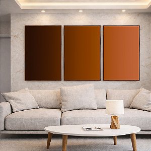 Trio de Quadros Abstrato Degradê Marrom Terracota Chocolate Canvas Moldura