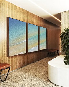 Trio de Quadros Mar Turquesa Areia Dourada Praia Natureza Canvas Moldura