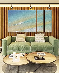 Trio de Quadros Estilizados Mar Turquesa Areia Dourada Praia Natureza Canvas Moldura