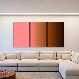 Trio de Quadros Abstrato Degradê Rosa Antigo Marrom Chocolate Canvas Moldura