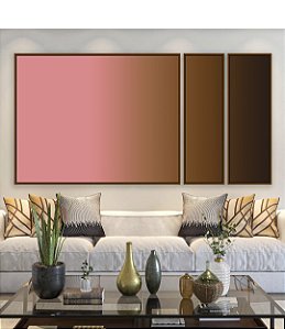 Trio de Quadros Estilizados Abstrato Degradê Rosa Antigo Marrom Chocolate Canvas Moldura