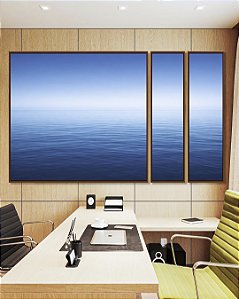 Trio de Quadros Estilizados Mar Azul Profundo Céu Azul Relaxante Canvas Moldura