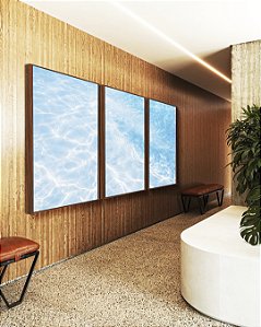 Trio de Quadros Mar Azul Claro Reflexos do Sol Areia Canvas Moldura