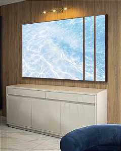 Trio de Quadros Estilizados Mar Azul Claro Reflexos do Sol Areia Canvas Moldura