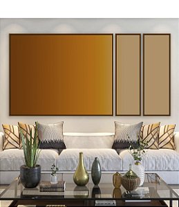 Trio de Quadros Estilizados Abstrato Degradê Areia Bronze Cobre Canvas Moldura