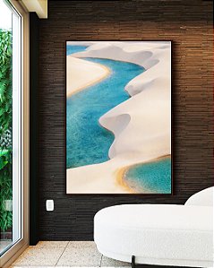 Quadro Vertical Dunas Areia Branca Mar Azul Claro Canvas Moldura