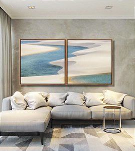 Duo de Quadros Quadrados Dunas Areia Branca Mar Azul Claro Canvas Moldura