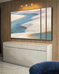Trio de Quadros Estilizados Dunas Areia Branca Mar Azul Claro Canvas Moldura