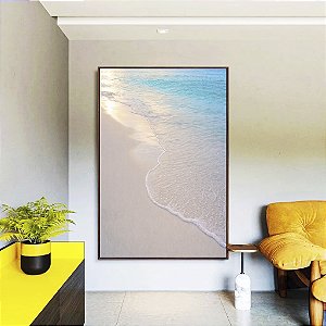Quadro Vertical Praia Areia Branca Mar Azul Luzes do Sol Canvas Moldura