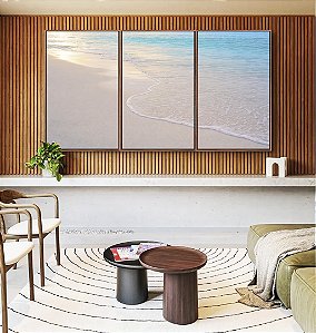 Trio de Quadros Praia Areia Branca Mar Azul Luzes do Sol Canvas Moldura