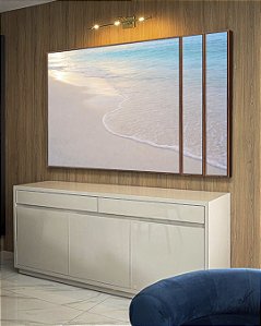 Trio de Quadros Estilizados Praia Areia Branca Mar Azul Luzes do Sol Canvas Moldura