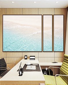 Trio de Quadros Estilizados Mar Turquesa Praia Serena Areia Branca Natureza Canvas Moldura