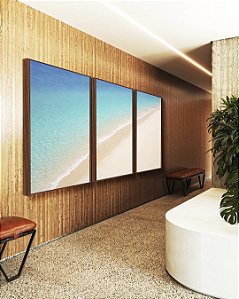 Trio de Quadros Praia Areia Branca Mar Azul Relaxante Canvas Moldura