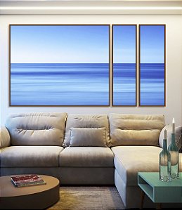 Trio de Quadros Estilizados Mar Azul Calmo Céu Claro Efeito Movimento Canvas Moldura