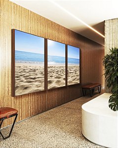 Trio de Quadros Luz do Sol Praia Mar Calmo Céu Claro Canvas Moldura