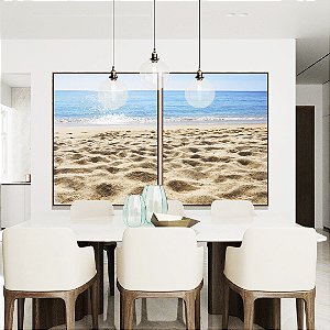 Duo de Quadros Luz do Sol Praia Mar Calmo Céu Claro Canvas Moldura