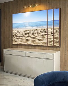 Trio de Quadros Estilizados Luz do Sol Praia Mar Calmo Céu Claro Canvas Moldura