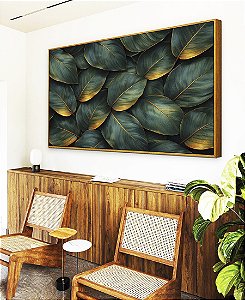 Quadro Horizontal Folhas Plantas Verde Dourado Tropical Natureza Canvas Moldura