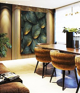 Quadro Vertical Folhas Plantas Verde Dourado Tropical Canvas Moldura