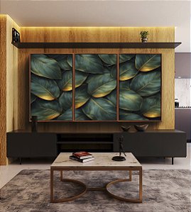 Trio de Quadros Folhas Plantas Verde Dourado Tropical Natureza Canvas Moldura