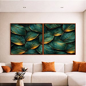 Duo de Quadros Quadrados Folhas Plantas Verde Dourado Tropical Natureza Canvas Moldura
