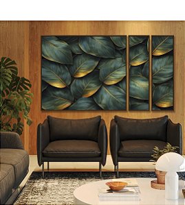 Trio de Quadros Estilizados Folhas Plantas Verde Dourado Tropical Natureza Canvas Moldura