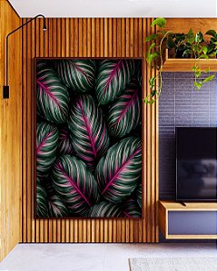 Quadro Vertical Folhas Plantas Verde Magenta Tropical Natureza Canvas Moldura