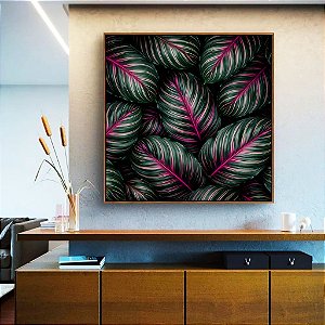 Quadro Quadrado Folhas Plantas Verde Magenta Tropical Natureza Canvas Moldura
