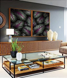 Duo de Quadros Folhas Plantas Verde Magenta Tropical Natureza Canvas Moldura