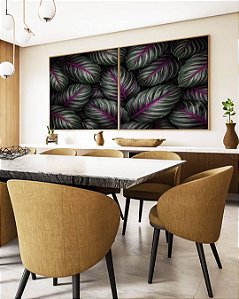 Duo de Quadros Quadrados Folhas Plantas Verde Magenta Tropical Natureza Canvas Moldura