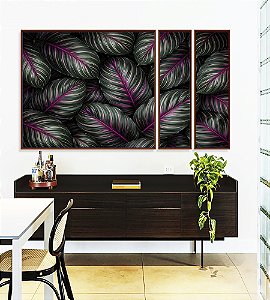 Trio de Quadros Estilizados Folhas Plantas Verde Magenta Tropical Natureza Canvas Moldura