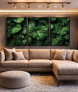 Trio de Quadros Folhagem Verde de Planta Antúrio Tropical Natureza Canvas Moldura