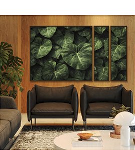 Trio de Quadros Estilizados Verde de Planta Antúrio Tropical Natureza Canvas Moldura