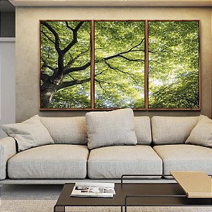 Trio de Quadros Árvore Folhas Verdes Vibrantes Natureza Canvas Moldura