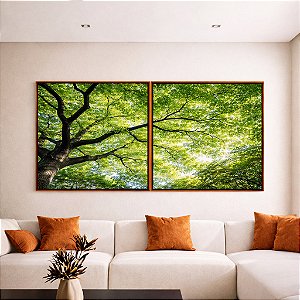 Duo de Quadros Quadrados Árvore Folhas Verdes Vibrantes Natureza Canvas Moldura