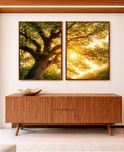 Duo de Quadros Árvore Céu Luzes Douradas Sol Natureza Canvas Moldura