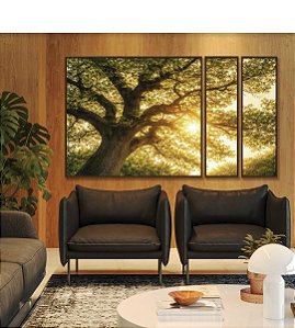 Trio de Quadros Estilizados Árvore Céu Luzes Douradas Sol Natureza Canvas Moldura