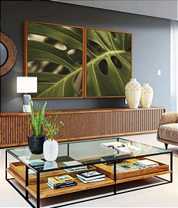 Duo de Quadros Costela de Adão Folha Planta Verde Natureza Canvas Moldura