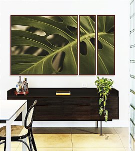 Trio de Quadros Estilizados Costela de Adão Folha Planta Verde Natureza Canvas Moldura