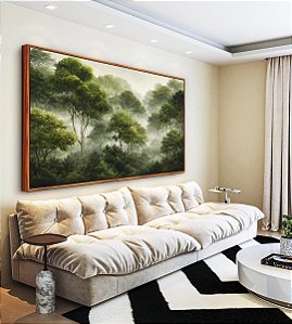 Quadro Horizontal Floresta Árvores Verdes Neblina Natureza Canvas Moldura