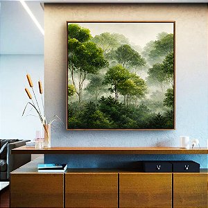 Quadro Quadrado Floresta Árvores Verdes Neblina Natureza Canvas Moldura