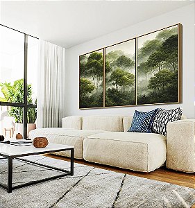 Trio de Quadros Floresta Árvores Verdes Neblina Natureza Canvas Moldura