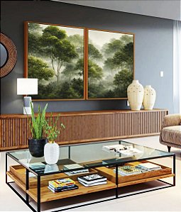 Duo de Quadros Floresta Árvores Verdes Neblina Natureza Canvas Moldura