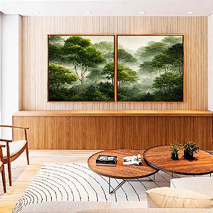 Duo de Quadros Quadrados Floresta Árvores Verdes Neblina Natureza Canvas Moldura