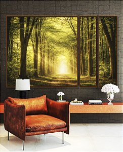 Trio de Quadros Estilizados Caminho em Floresta Arco de Árvores Sol Canvas Moldura