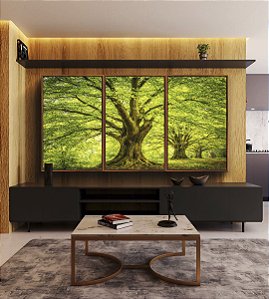Trio de Quadros Árvores Campo Floresta Natureza Iluminada Canvas Moldura