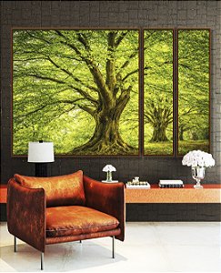 Trio de Quadros Estilizados Árvores Campo Floresta Natureza Iluminada Canvas Moldura